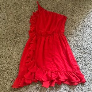 Beautiful one shoulder, red dress with ruffles